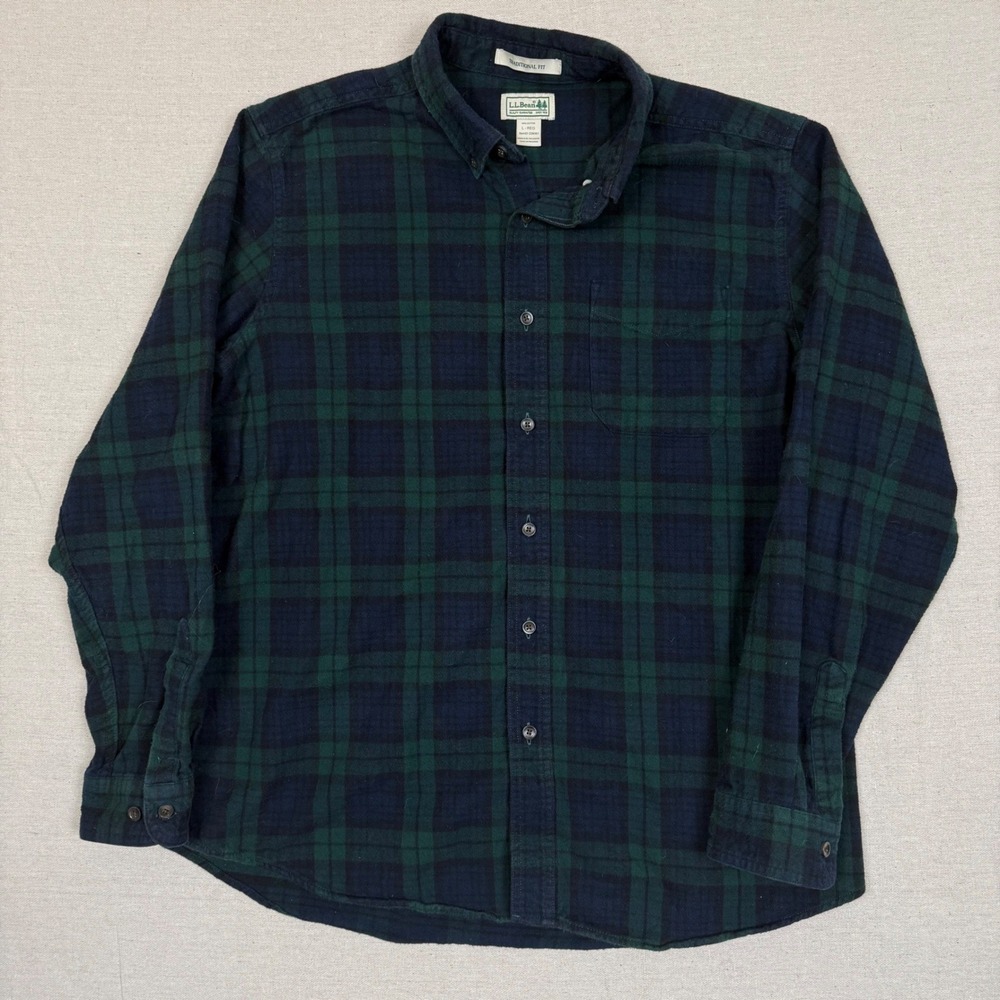 LL Bean Flannel Shirt L Scotch Plaid Black Watch Green Navy Cotton Traditional
